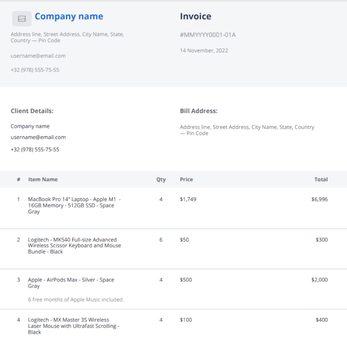 Professional Sales Invoice
